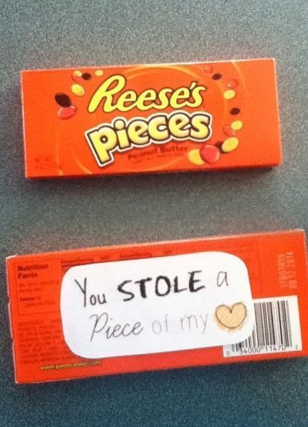 Valentines Day Gift Ideas PinWire: Reese's pieces candy pun - you stole a 'piece' of my heart. A just ... 24 mins ago - Simple yet creative DIY Valentine's Day gift for him or her! Show your loved ones how much you care with this delicious and sweet Valentine's Day box. Source:www.pinterest.com Results By RobinsPost Via Google Candy Puns For Boyfriend, Candy Puns, Gifts For Boyfriend Long Distance, Birthday Card Puns, Boyfriend Ideas, To My Boyfriend, Reese's Pieces, Surprise Boyfriend, Birthday Surprise Boyfriend