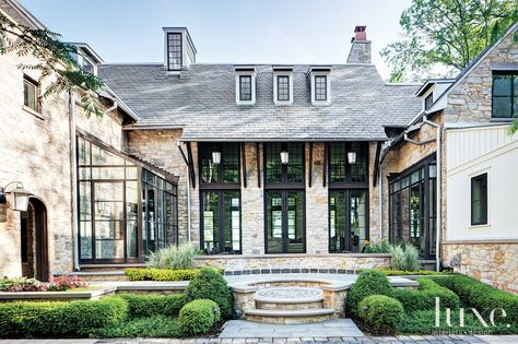 Transitional Neutral Front Elevation with Custom Hardscaping | Luxe Interiors + Design Houses Architecture, Lots Of Windows, Large House, Casas Coloniales, Architecture Inspiration, Luxe Interiors, Stone Houses, Stone House, House Goals