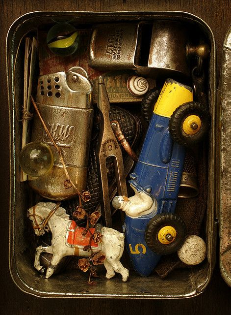 Tin Box Still Life | Thoburn Toy Aesthetic, Box Aesthetic, Altered Tins, Matchbox Art, Assemblage Art, Still Life Art, High Art, I Spy, Treasure Box