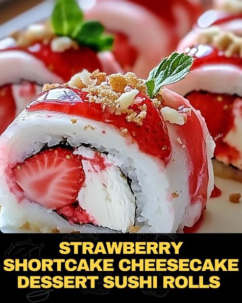 Strawberry Shortcake Cheesecake Dessert Sushi Rolls Desert Sushi, Bacon Cheeseburger Meatloaf, Beef Tips And Noodles, Baked Meatloaf, Strawberry Shortcake Cheesecake, Dessert Sushi, Macerated Strawberries, Mexican Casserole Recipe, Chicken Parmesan Pasta