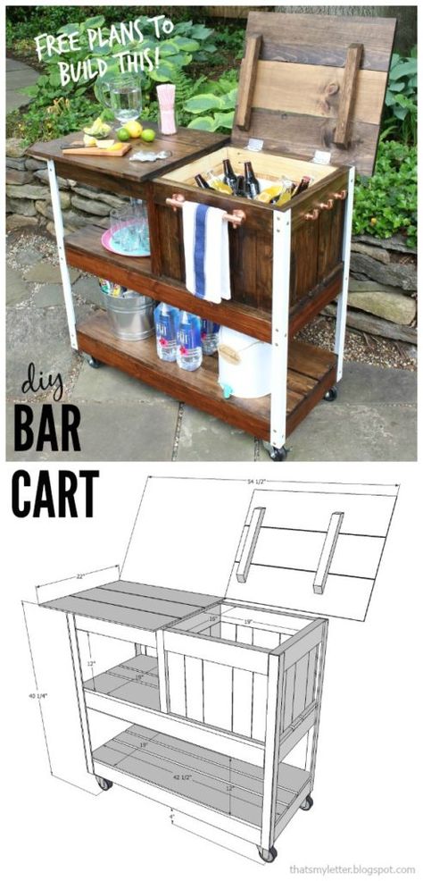 A DIY tutorial to build an outdoor bar cart complete with free plans. Serve and store cold drinks outdoors with this portable bar cart. #barcart #grillcart Diy Grill Cart, Portable Bar Cart, Rustic Bar Cart, Pallet Bank, Bar Ice Bucket, Bar Mobile, Diy Planters Outdoor, Outdoor Bars, Diy Bar Cart