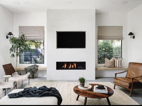 Tv Wall With Windows, Jenna Barton, Bathroom Curtains Ideas, Black Mantle Fireplace, Black Tile Fireplace, Minimal Modern Home, Fireplace Styling, Black Mantle, Black Brick Wall