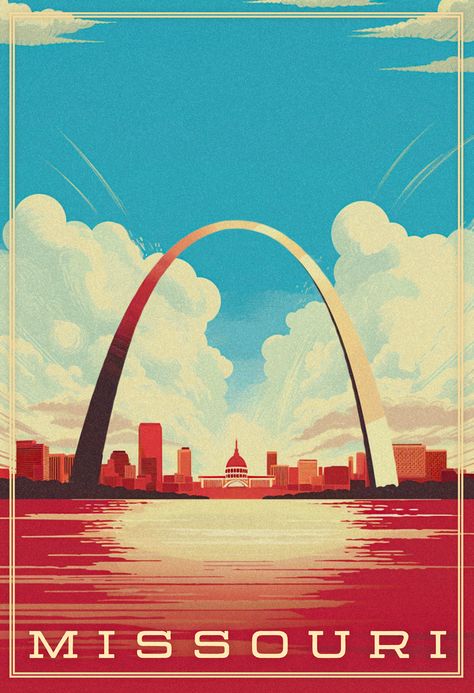 St. Louis, Missouri Aesthetic, Places Poster, Travel Signs, Room Palette, Saint Louis Arch, Bridge Drawing, Adventure Poster, St Louis Arch