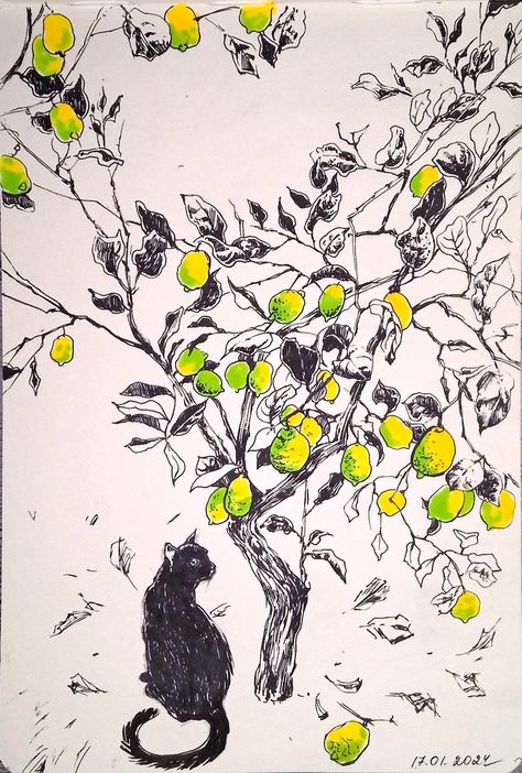 Lemon tree sketch drawing with a black cat. Ink drawing, felt tip pens. Cat In A Tree Drawing, Cat In Tree Drawing, Lemon Tree Drawing, Sketch Fruit, Tree Sketch, Tree Sketches, Landscape Sketch, Fruit Tree, Cat Artwork