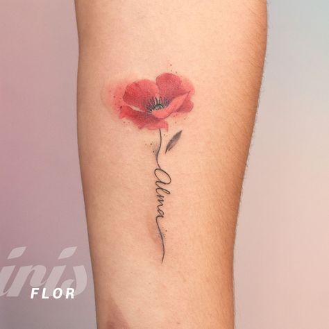 Poppy With Name Tattoo, Watercolor Poppy Flower Tattoo, Poppy Flower With Name Tattoo, Poppy Tattoo With Name In Stem, Poppy Name Tattoo, Poppy Tattoo With Name, Poppy Tattoo Color, Poppy Flower Tattoo Color, 3d Flower Tattoo