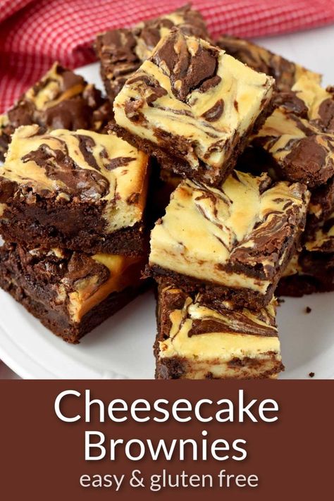 Stack of gluten free brownies with cream cheese on a white plate. Easy Gluten Free Cheesecake, Gluten Free Cheesecake Recipes, Chocolate Cheesecake Brownies, Brownies Gluten Free, Cheesecake Brownies Recipe, Cheese And Chocolate, Cheesecake Layer, Best Gluten Free Desserts, Brownie Cheesecake