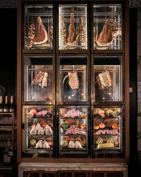 Meat Aging Fridge, Creepy Butcher Shop, Meat Market Design, Meat Fridge, Meat Display, Charcuterie Display, Meat Store, Bar Restaurant Interior, Meat Restaurant