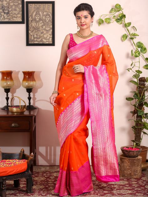 Orange Banarasi Kora Saree with Pink Border Banarsi Saree, Pink Border, Traditional Indian Outfits, Fancy Sarees, Traditional Indian, Indian Outfits, Saree Designs, Pink And Orange, Saree