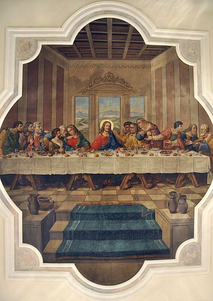 9) a famous guest for dinner....Fresco copy of The Last Supper by Leonardo da Vinci Da Vinci Last Supper, Italian Artwork, Famous Art Paintings, Last Dinner, The Last Supper, Jesus Painting, Bar Interior, Biblical Art, Last Supper