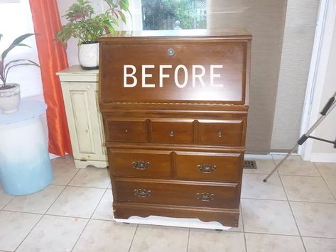 DIY Storage Solution For An Awkward Entryway | Hometalk Repurpose Antique Secretary Desk, Repurpose Secretary Desk Ideas, Update Secretary Desk, Antique Fold Down Desk, Secretary Desk In Entryway, Secretary Desk Upcycle, Painting Secretary Desk Ideas, Repainted Secretary Desk, Refinished Antique Secretary Desk