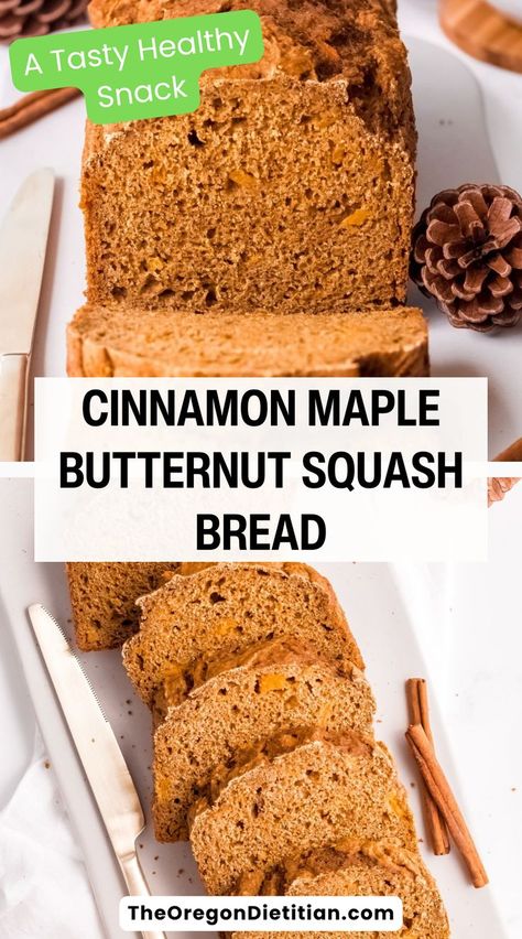 Cinnamon Maple Butternut Squash Bread | Ideal Healthy Snack Squash Flour, Cinnamon Butternut Squash, Maple Butternut Squash, Oatmeal Protein Cookies, Butternut Squash Bread, Butternut Squash Cinnamon, Squash Bread, Frozen Butternut Squash, Healthy Butternut Squash