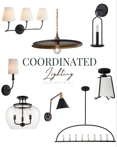 Kitchen And Dining Room Lighting Pairing, Semi Flush Lights Over Kitchen Island, Single Light Over Kitchen Island, Brass And Black Light Fixtures, House Lighting Plan, Black Kitchen Chandelier, Whole House Lighting Plan, Brass Kitchen Pendants, Whole House Lighting