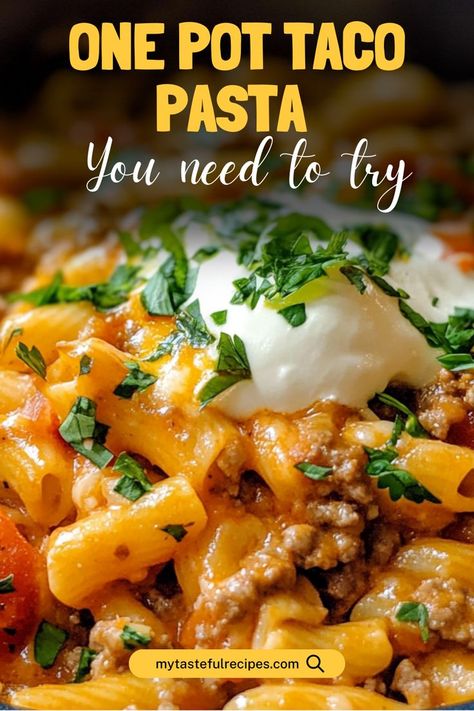 Enjoy a hassle-free dinner with this One Pot Taco Pasta! Packed with bold flavors and hearty ingredients, this dish combines all your favorite taco elements into a creamy, cheesy pasta that cooks in just one pot—perfect for busy nights! Pasta Mexican Recipes, Cheesy Taco Pasta Recipe, Crock Pot Taco Pasta, Taco Meat Recipes Leftover Easy, Supper Ideas For 2, Quick One Pot Meals, Chicken Taco Pasta, Taco Pasta Casserole, Creamy Taco Pasta