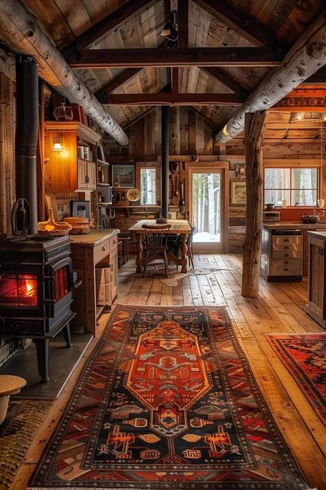 Trapper Cabin Interior, Log Cabin Aesthetic, Cabin Interiors Rustic, Kitchen Bohemian, Colorado Cabins, Rustic Lake Houses, Cabin Interior Design, Log Cabin Interior, Cabin Aesthetic