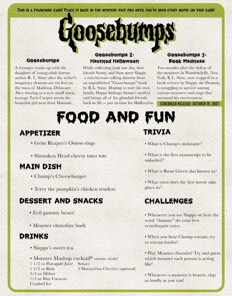 Horror Movie And Dinner, Goosebumps Movie Night, Monster House Themed Dinner, Horror Movie And Dinner Theme, Horror Movie Themed Dinner, Movie Themed Dinner Ideas For Adults, Halloween Movie Dinner Theme, Halloween Movie Menu Ideas, Movie Theme Dinners