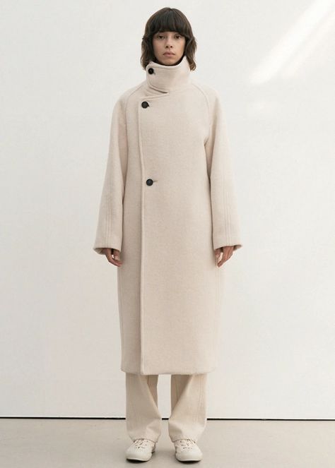 ALPACA HIGH NECK LONG COAT CREAM Minimal Fashion Photography, High Neck Coat, Meeting Outfit, Color Block Coats, Acne Studio, Color Combinations For Clothes, Coat Trends, W Concept, Modest Fashion Outfits