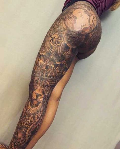 butt and leg tattoo Woman With Tattoos, Full Leg Tattoos, Full Back Tattoos, Tattoed Women, Geniale Tattoos, Leg Tattoos Women, Leg Sleeve Tattoo, Hot Tattoos, Dope Tattoos