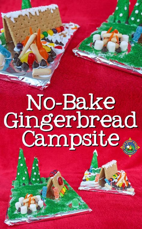 No Bake Gingerbread Campsite Tutorial - Love to go camping? Then you will enjoy creating this No Bake Gingerbread Campsite. This fun and easy activity uses graham crackers and candy. It's fun for the whole family! #camping #gingerbread #Christmas #familyactivity Gingerbread Campsite, Chore Ideas, Kids Christmas Crafts, Camping Uk, Christmas Delights, Girl Scout Activities, Amazing Desserts, Scout Activities, Brownie Girl Scouts