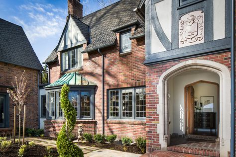 Red Brick Tudor, Tudor Exterior Paint, Tudor Exterior, Brick Tudor, Tudor Kitchen, Blue Siding, Tudor Home, Exterior Houses, Stone Landscaping