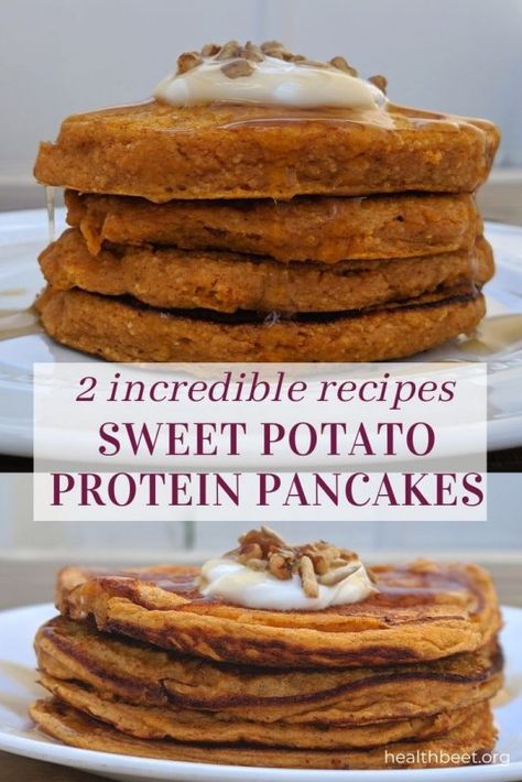 Protein Sweet Potato, Health Beet, Sweet Potato Pancakes Recipe, Chocolate Protein Pancakes, Bright Line Eating Recipes, Sweet Potato Pancakes, Yummy Sweet Potatoes, Sweet Potato Protein, Sweet Potato Breakfast