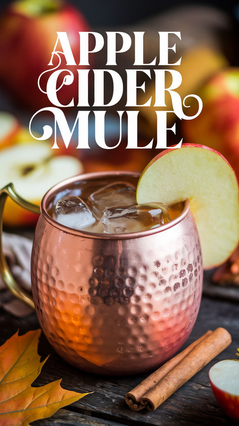 Apple Cider Mule recipe featuring a blend of crisp apple cider, ginger beer, and vodka. This cider Moscow mule is a must-try fall cocktail for fans of cider drinks, yummy alcoholic drinks, and ginger beer cocktails. Perfect for any autumn gathering! Warm Apple Cider Cocktail, Apple Cider Mule, Cider Moscow Mule, Cider Mule, Ginger Beer Drinks, Apple Cider Moscow Mule, Cider Cocktail Recipes, Ginger Beer Cocktail, Apple Cider Drink