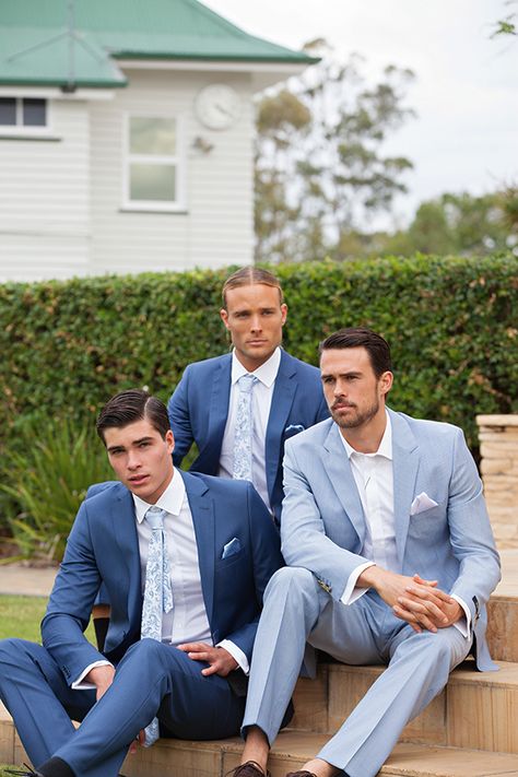 Light Blue Groom Navy Groomsmen, Postman Blue Suit Wedding, Wedding Suits Groom Light Blue, Shades Of Blue Suits For Men, Shades Of Blue Groomsmen Suits, Powder Blue Suit Wedding, Coastal Wedding Dessert Table, Mens Light Blue Suit Wedding, Groom In Light Blue Suit