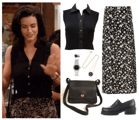 Monica Friends Outfits 90s, Monica Geller Work Outfits, Monica Geller Skirt Outfits, Monica Geller 90s Outfits, Friends Inspired Outfits Monica, Monica Geller Fashion, Monica Geller Inspired Outfits, Monica Geller Aesthetic Outfits, Monica Friends Aesthetic