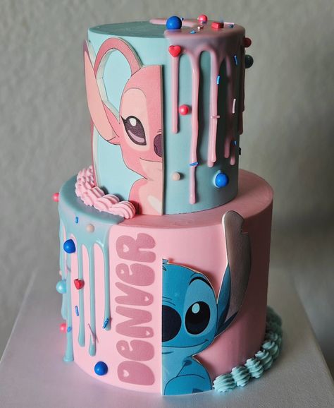 Angel and stitch, chocolate and vanilla 🩷💙 #angelandstitch #cake #copperascovetx Stitch Bday Cake, Stitch Sheet Cake, Angel And Stitch Cake, Stitch And Angel Birthday Cake, Stitch Angel Cake, Stitch Torte, Stitch Cake Ideas, Stitch Cake Design, Stitch And Angel Cake