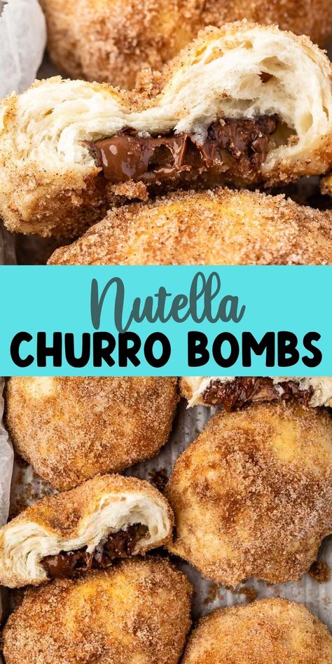 Nutella Churro Bombs are easy chocolate Biscuit Bombs coated in cinnamon sugar like a churro - these are perfect for breakfast, brunch or dessert! Pilsbury Desert, Desserts Made With Biscuit Dough, Pillsbury Biscuit Recipes Nutella, Breakfast Nutella Recipes, Dessert Using Biscuits, Baking Recipes Fall Desserts, Nutella And Pie Crust Recipes, Easy Desserts Finger Food, Desserts To Make With Biscuits