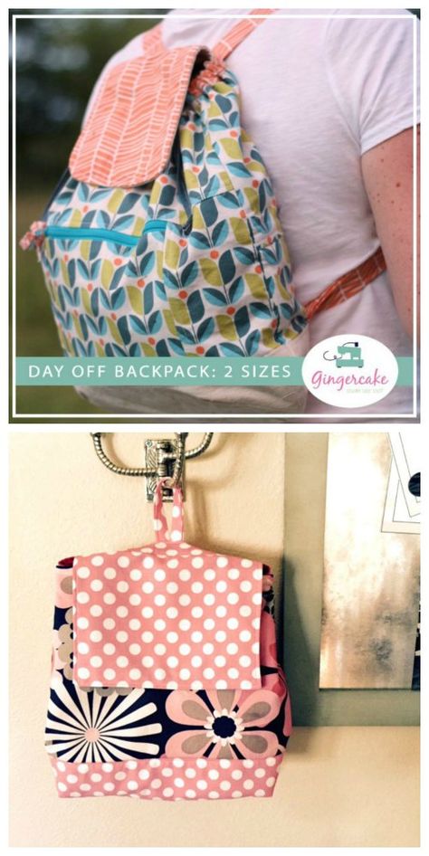 The designer of this wonderful backpack has made the sewing pattern in 2 sizes so that you can make one for yourself and one for your child. It's been designed to be simple to sew but it creates a fantastic and professional looking bag. The Day Off Back Pack is sure to become one of your favorite new sewing projects.  .#SewABag #SewABackPack #BagSewingPattern #BackPackSewingPattern Cloth Backpack Pattern, Diy Backpack Purse, Mini Backpack Pattern, Sew Backpack, Kids Backpack Pattern, Backpack Sewing Pattern, Diy Backpack Pattern, Backpack Pattern Sewing, Backpack Sewing