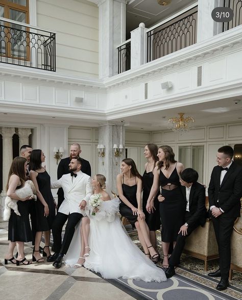 Bride And Groom In White Guests In Black, All Black Dress Code Wedding Guests, Black And White Wedding Dress Code, Wedding Guest All Black Attire, Black Dress Code Wedding Guests, All Black Attire Wedding Guest, Black Attire Wedding, Black N White Wedding, Wedding Guests Photos