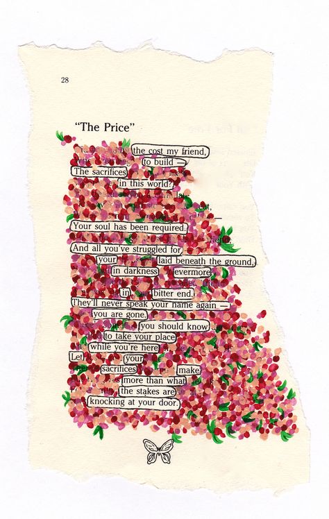 "The price"- Painted this on a page from a poetry book. By myself Brooklyn Watt. Blackout Poetry Art, Found Poetry, Poetry Ideas, Book Page Art, Blackout Poetry, Altered Book Art, Poetry Art, Christmas Carols, Poetry Book