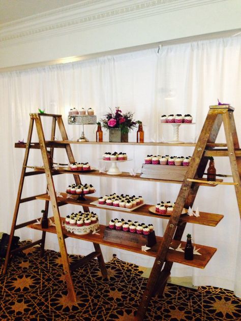 Cupcake Ladder!! A fun way to display your deserts. Ladder shelves by Farm Tables and More, cupcakes by Sugar Girl Confections, planning by Savvy Soirée LLC. Ladder Cupcake Display, Ladder Dessert Display, Cupcake Ladder, Ladder Wedding, Wedding Cupcake Display, Cupcake Table, 21st Ideas, Ladder Display, Ladder Shelves