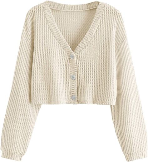 SweatyRocks Women's Long Sleeve Plaid Button Front V Neck Soft Knit Cardigan Sweaters Beige L at Amazon Women’s Clothing store Romwe Sweater, Soft Knit Cardigan, Cardigan Crop Top, Cardigan Beige, Cardigan Sweaters, Cropped Cardigan Sweater, Cardigan Crop, Classic Sweater, Beige Cardigan