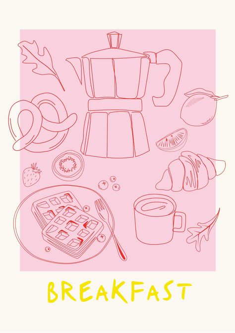 Pink & Red Breakfast Modern Art Print - A2 / Unframed Graphic Design Artists, Drip Coffee Illustration, Retro Wall Art Prints, Red Breakfast, Breakfast Print, Cute Art Prints, Pink Wall Art Prints, Modern Kitchen Wall Art, Bedroom Illustration