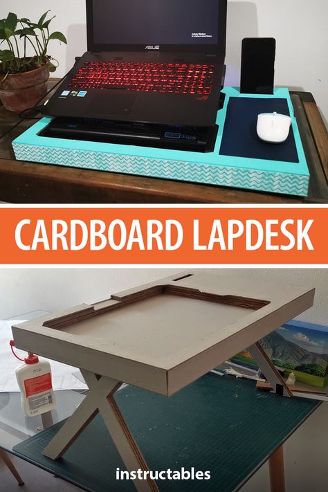 Build a useful lap desk with foldable legs, drawer, and a slot for cellphone from cardboard.  #Instructables #reuse #upcycle #laptop #Autocad Recycleable Projects, Laptop Desk Diy, Lap Desk Diy, Diy Lap Desk, Crafts Cardboard, Tire Chairs, Reuse Old Tires, Portable Laptop Desk, Cardboard Organizer