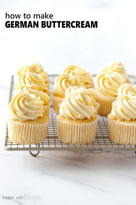 With it's custard pudding base, German Buttercream is rich, silky-smooth and totally dreamy. With just a handful of everyday ingredients, this frosting recipe is also incredibly easy to make and not sickeningly sweet. #sugarsaltmagic #buttercream #frosting #germanbuttercream #custardbuttercream Smooth Buttercream Recipe, German Buttercream Recipe, Custard Buttercream, German Buttercream, Smooth Buttercream, Custard Cake Recipes, Custard Pudding, Easy Cupcake Recipes, Vanilla Recipes