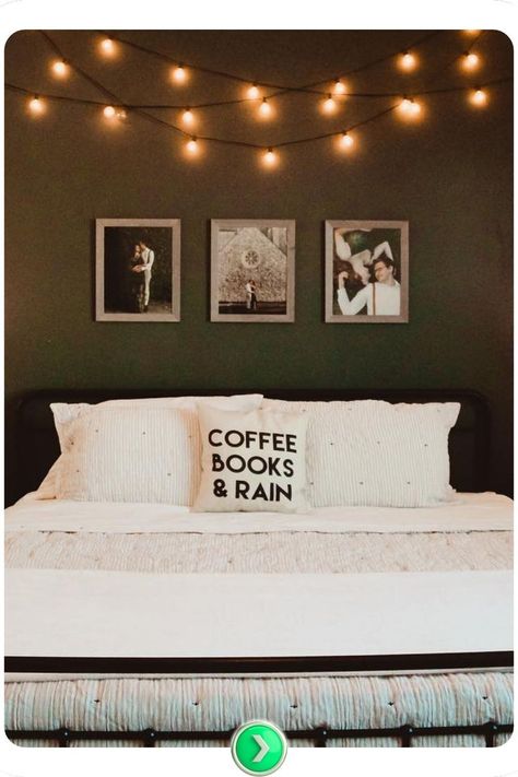 Charcoal accent wall with string lights brings a cozy, playful touch to your bedroom, ideal for a boho-inspired space that feels personal and inviting. Charcoal Accent Wall, Dark Accent Wall, Brown Accent Wall, Dark Accent Walls, Grey Accent Wall, Green Accent Walls, Black Accent Walls, Dark Grey Walls, White Bed Frame