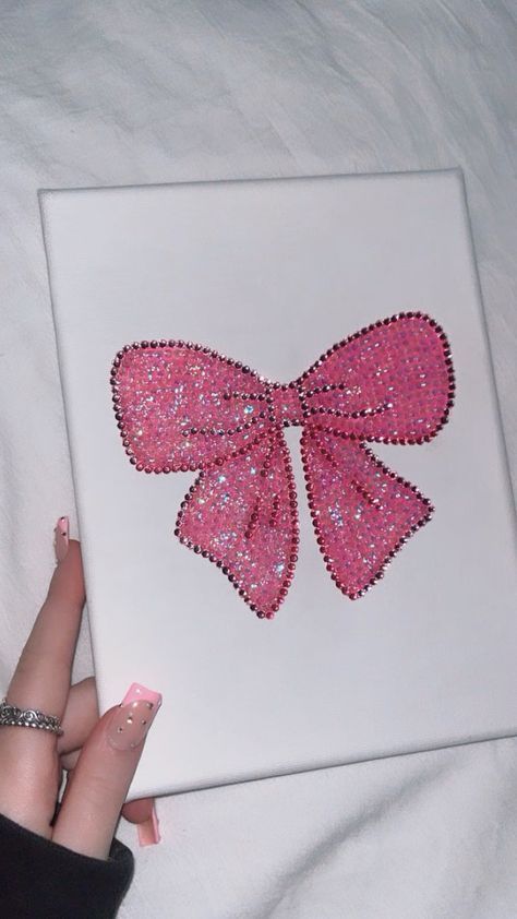 Pink Glitter Paint, Pink Canvas Art, Bow Art, Rhinestone Projects, Gemstone Art, Glitter Canvas, Easy Canvas Art, Pink Painting, Diamond Paint