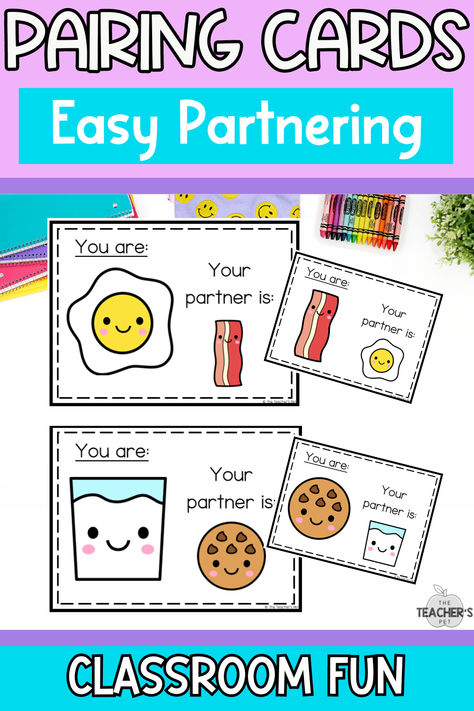 Are you looking for an easy and fun way to partner up your students? This set of 32 food cuties partnering cards makes pairing students a breeze! These partnership cards ensure that no student is ever left out or feeling uneasy about partnering up. Just watch your classroom community transform as students connect, collaborate, and support each other like never before.  Students will love the adorable clipart and will enjoy finding their food pairing match in under 2 minutes! Feeling Uneasy, Think Pair Share, Daily Schedule Cards, Partner Cards, Food Pairing, Teacher's Pet, Schedule Cards, Classroom Management Strategies, Sequencing Activities