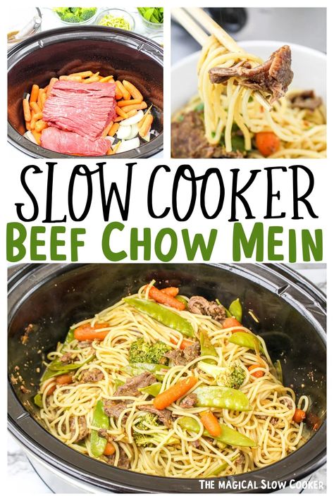 Skip the takeout and make your own flavorful version of beef chow mein in the slow cooker. It has all the classic flavors thanks to the chili garlic sauce, oyster sauce, ginger root, sesame oil, soy sauce, and must-have vegetables. - The Magical Slo Cooker Beef Chow Mein, Magical Slow Cooker, Chow Mein Recipe, The Magical Slow Cooker, Beef Steak Recipes, Crockpot Ideas, Slow Cooker Recipes Beef, Easy Crockpot Dinners, Chinese Cooking Recipes