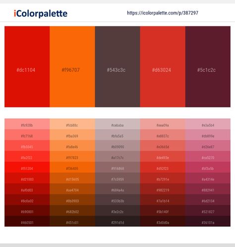 Colors included in this palette similar to Blaze Orange, Brown, Claret Red, Dark Gray / smoked, Dim Gray, Dim Gray and Brown, Dim Gray and Fire Brick, Fire Brick, Fire Brick and Brown, Matterhorn, Monza, . Download color palette as Pdf, Adobe swatch and more. Orange Color Shades, Summer Color Palettes, Claret Red, Orange Color Palettes, Dim Gray, Color Palette Pink, Red Bricks, Shades Of Orange, Summer Colors