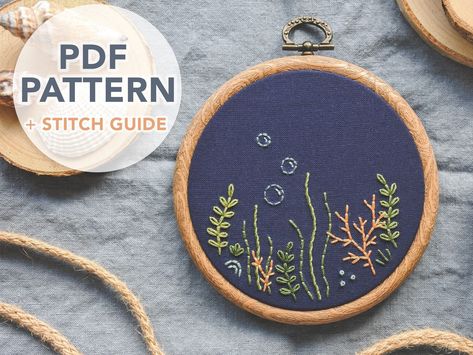 Learn to embroider a beautiful coral reef with this beginner-friendly pattern! Includes stitch guide and PDF download. #embroidery #coralreef . #Nautical_Embroidery_Designs #Embroidery_Coral_Reef #Coral_Embroidery_Design #Shark_Embroidery_Pattern Embroidery Coral Reef, Coral Embroidery Design, Shark Embroidery Pattern, Fish Embroidery Pattern, Coral Reef Embroidery, Fish Embroidery Designs, Beach Embroidery Designs, Embroidery Design For Beginners, Coral Embroidery