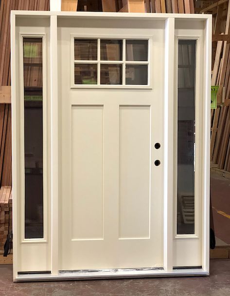 Simple style, great curb appeal! The Craftsman 6-Lite door with sidelites is a homeowner favorite. And you’ll definitely appreciate the maintenance free style of this prefinished fiberglass door. Cream shown; other 6-Lite Craftsman door styles are available in stained mahogany finish or painted grey.  Unit dimensions: 63-3/4” x 82-1/2” Recommended rough opening: 64-1/2” x 83” White Front Door With Windows, White Craftsman Front Door, White Front Door With Sidelights, Wide Front Doors Entrance, Back Door Styles, Craftsman Style Door Exterior, Front Door Styles With Side Lights, Front Door With Sidelights And Storm Door, Craftsman Style Exterior Doors