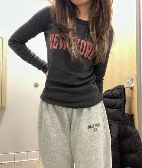 New York Graphic, Main Character Energy, Airport Outfits, Block Letters, Main Character, Sweat Pants, Brandy Melville, Brandy, Outfit Ideas