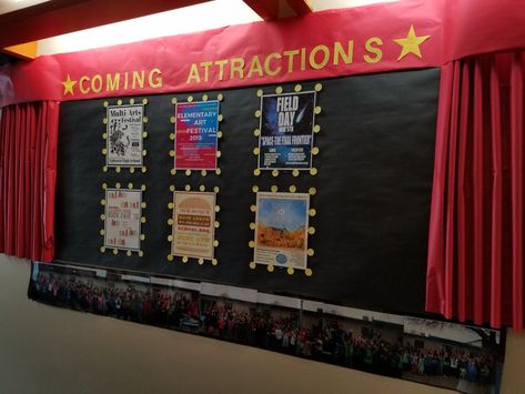 Performing Arts Bulletin Board, Movie Theater Bulletin Board, Cinema Bulletin Board, Drama Bulletin Board, Movie Theme Bulletin Board Ideas, Drama Club Bulletin Board Ideas, Theater Bulletin Board Ideas, Red Carpet Bulletin Board Ideas, Hollywood Theme Bulletin Boards