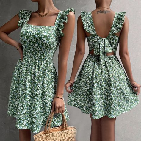 $18.90+Shipping=🌼👗Summer A-Line Bowknot Back Dress - Floral Smocked Bodice Sundress💃 > #summerdress #summerdresses #summerdresses #summerdressing #summerdresses👗 - This casual yet chic dress is perfect for a wide range of occasions, from casual outings to garden gatherings and everything in between. Simple Dress Casual, Womens Beach Dresses, Beach Holiday Dresses, Holiday Beach, Backless Design, American People, Spring Summer Dress, Neck Ruffle, Midi Dress Bodycon