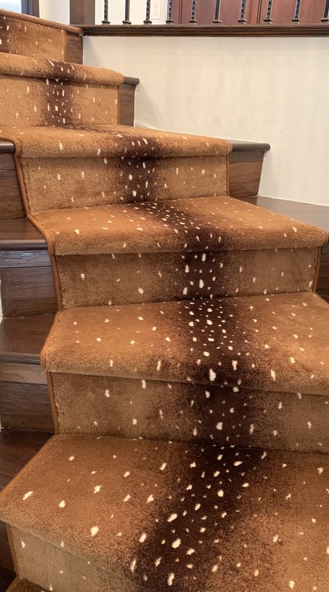 Used Karastan Savanna Scenes Antelope and fabricated into@stair runner for a client in Costa Mesa CA - Hemphill’s Rugs & Carpets RugsAndCarpets.com Deer Print Carpet, Pattern Stair Runner, Staircase Rug, Staircase Carpet, Antelope Rug, Animal Print Carpet, Stairs Carpet, Lodge Aesthetic, Peyton Place