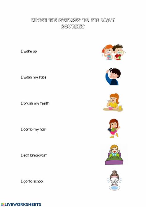 Daily Routine Worksheet For Kindergarten, Daily Routine Worksheet For Kids, Daily Activities Worksheet, Daily Activities For Kids, English Liveworksheet, Daily Routine Worksheet, Daily Routine Kids, Activity Kindergarten, Daily Routine Activities