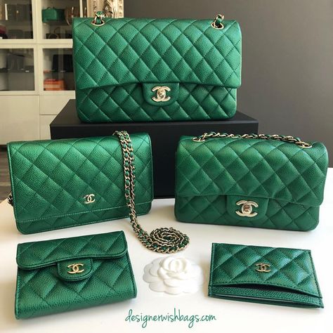 Designer Wish Bags trên Instagram: “Family Picture 💚 New Iridescent Emerald Chanel Caviar Green 18S💚 - Timeless Double Flap Medium - Mini Rectangular - Wallet on Chain - Coin…” Green Chanel Bag, Green Chanel, Trendy Purses, Cheap Purses, Popular Handbags, Chanel Flap Bag, Handbags Affordable, Cheap Handbags, Ladies Handbags